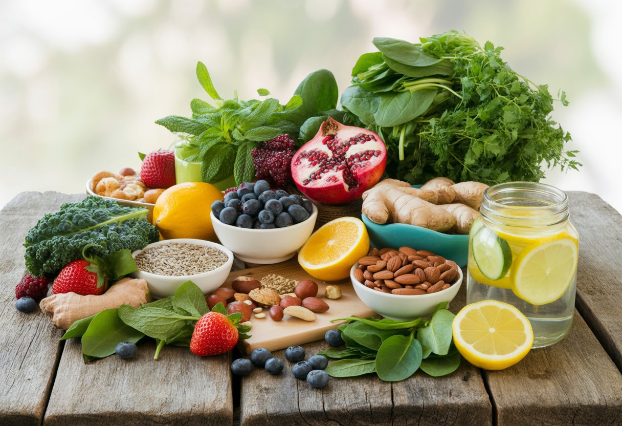 Ein Tisch mit frischen Superfoods wie Beeren, grünen Blättern, Nüssen und einem Glas mit Zitronenwasser.