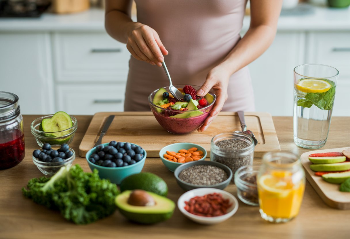Küchenszene mit frischen Superfoods wie Beeren, Grünkohl und Avocado, eine Person bereitet eine bunte Smoothie-Bowl zu.