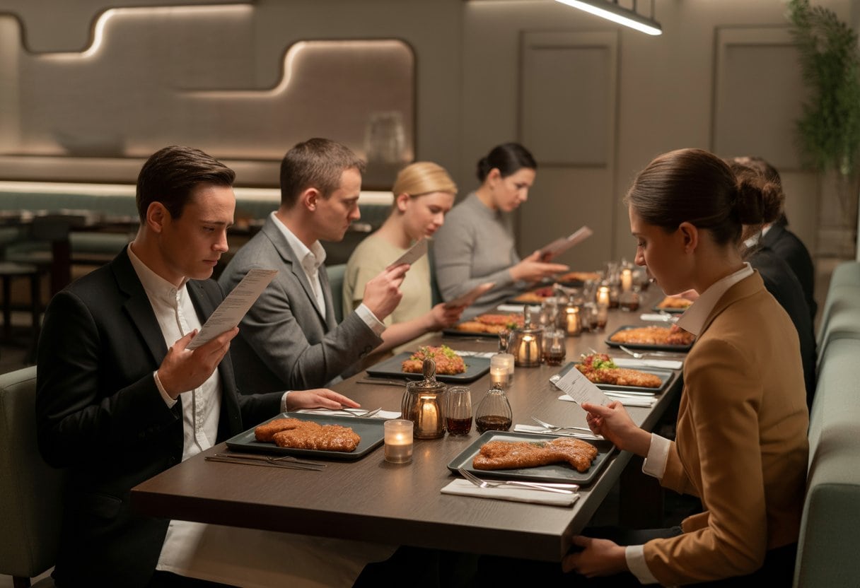 Menschen sitzen in einem modernen Restaurant in Deutschland und essen, einige wirken unzufrieden mit dem Essen.