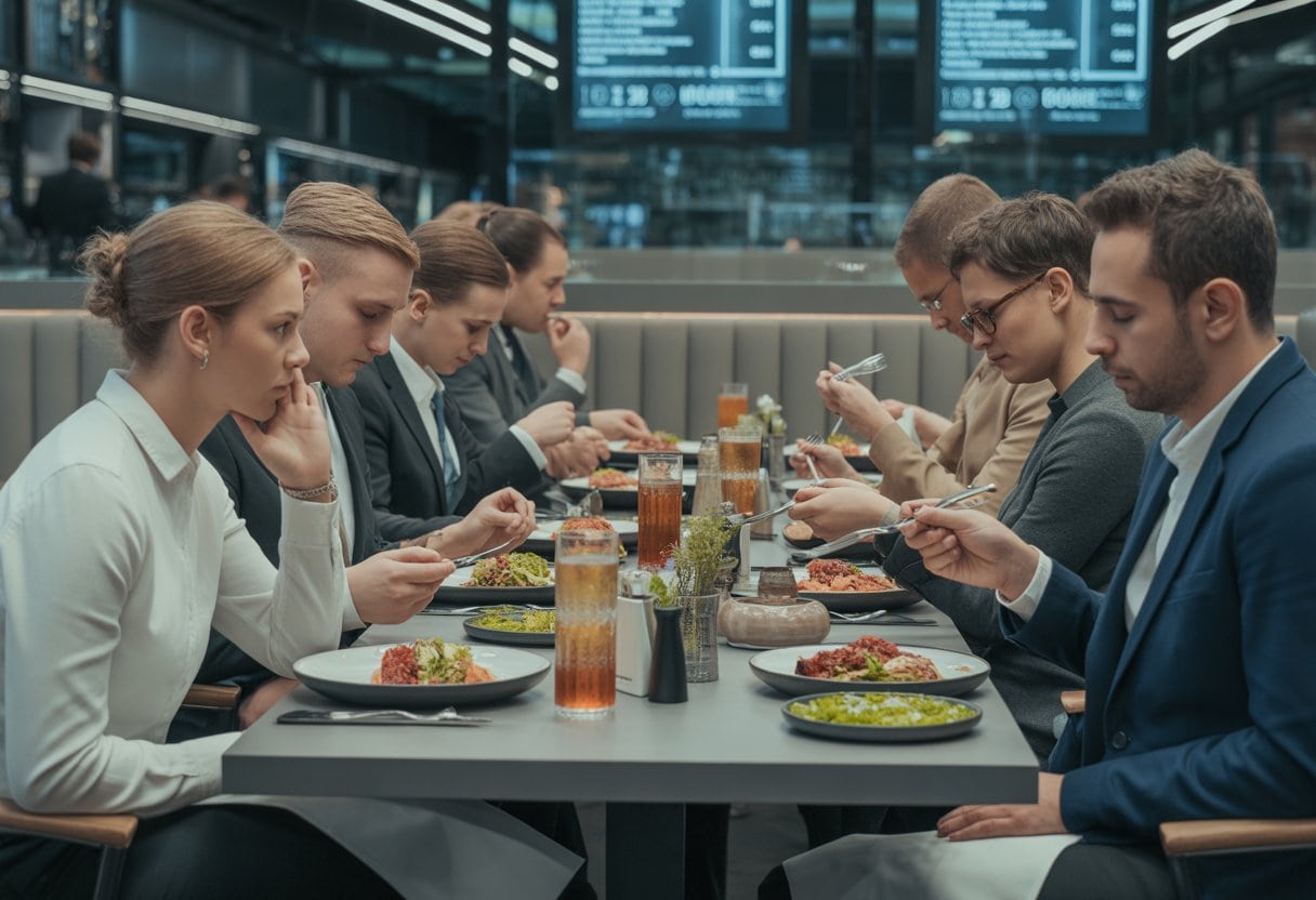 Innenansicht eines modernen Restaurants mit Gästen, die durchschnittliches Essen genießen und nachdenklich wirken.