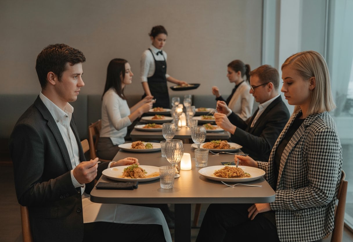 Menschen sitzen in einem modernen Restaurant in Deutschland und essen durchschnittliches Essen an schön gedeckten Tischen.
