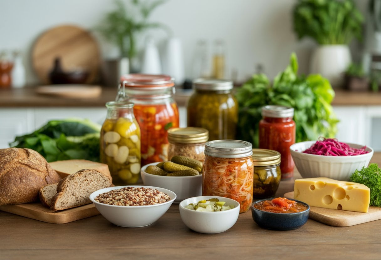 Ein Holztisch mit verschiedenen fermentierten Lebensmitteln, ballaststoffreichen Körnern, frischem Gemüse und klassischen Brot- und Käsesorten in einer modernen Küche.