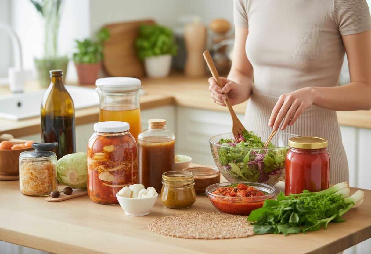 Ein moderner Küchentisch mit verschiedenen fermentierten Lebensmitteln wie Kimchi, Sauerkraut und Kombucha, umgeben von frischem Gemüse und Vollkornprodukten, während eine Person einen Salat zubereitet.