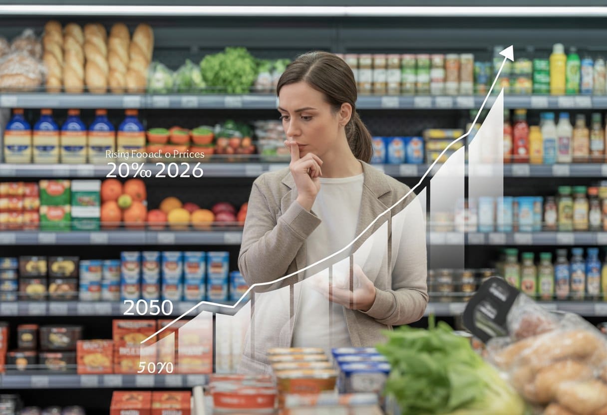 Ein Kunde betrachtet nachdenklich Preisetiketten in einem Supermarkt mit vollen Regalen und frischen Lebensmitteln.