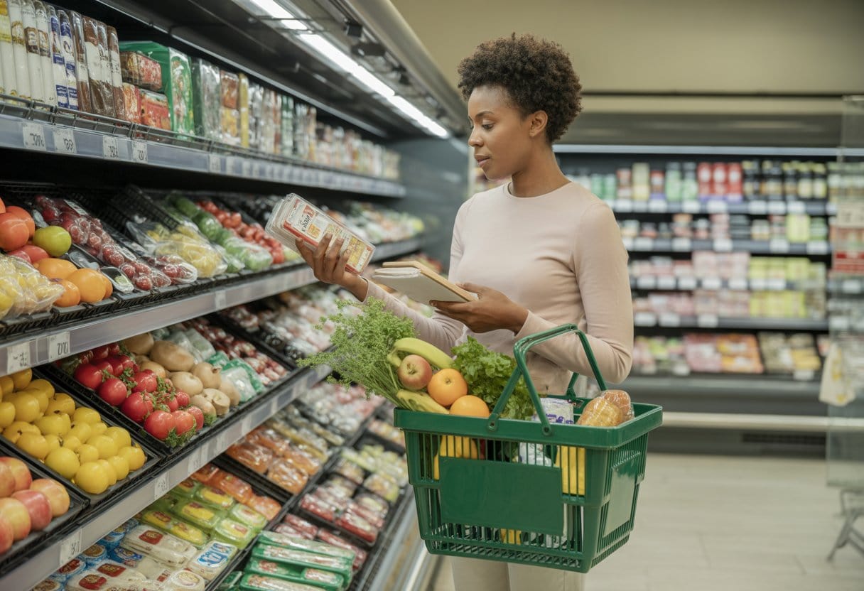 Eine erwachsene Person wählt sorgfältig frisches Obst und Gemüse in einem hellen Supermarkt aus.