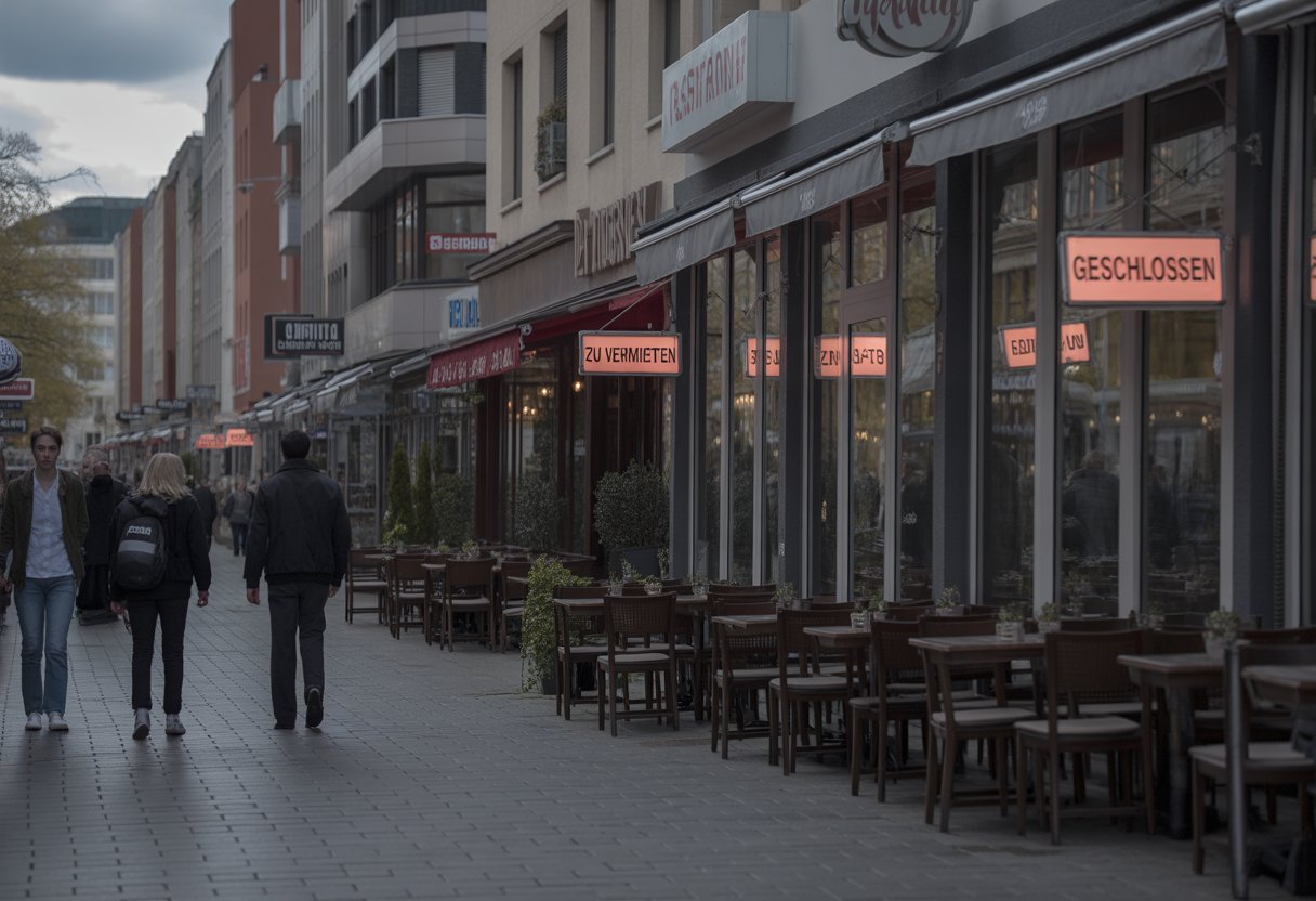 Leere Straße mit mehreren geschlossenen Restaurants und Cafés, dunkle Fenster und geschlossene Türen, wenige Passanten mit besorgtem Blick.