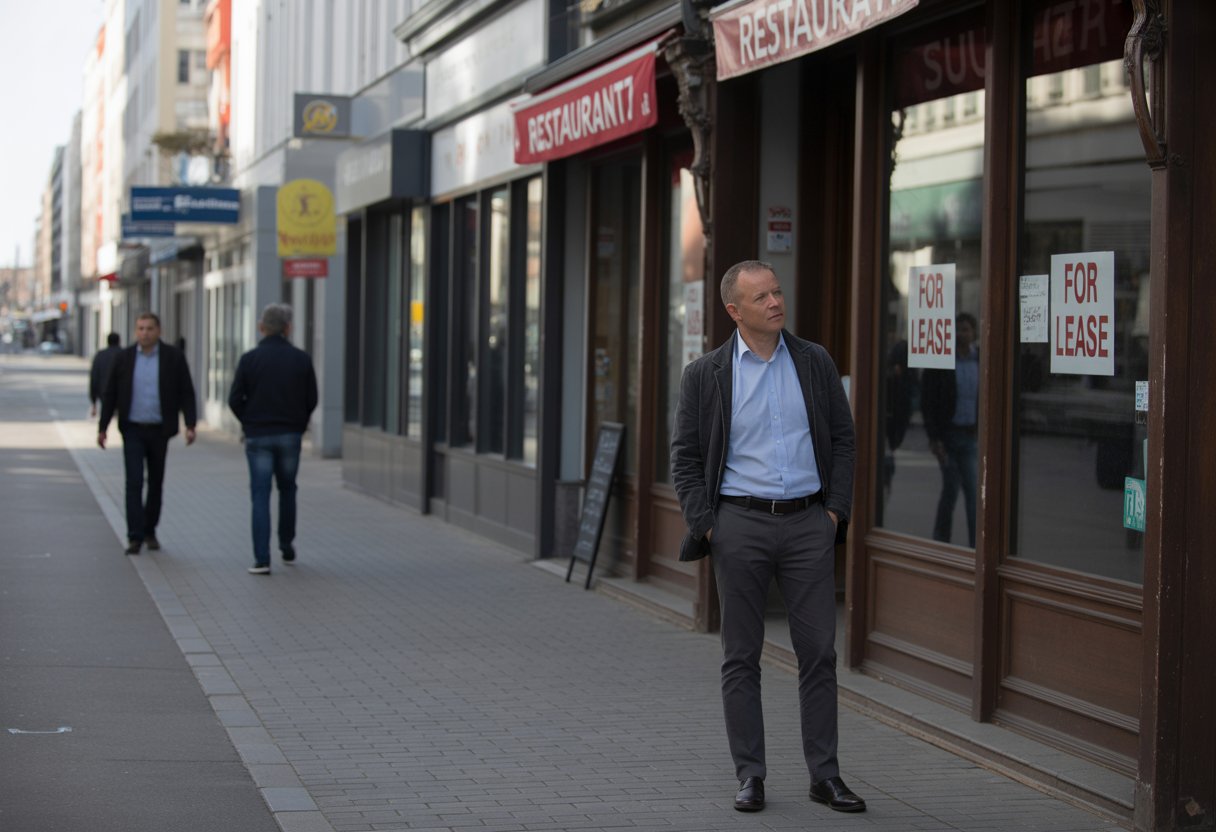 Eine Straße mit mehreren geschlossenen Restaurants und einem besorgten Restaurantbesitzer, der nachdenklich vor einem Laden steht.