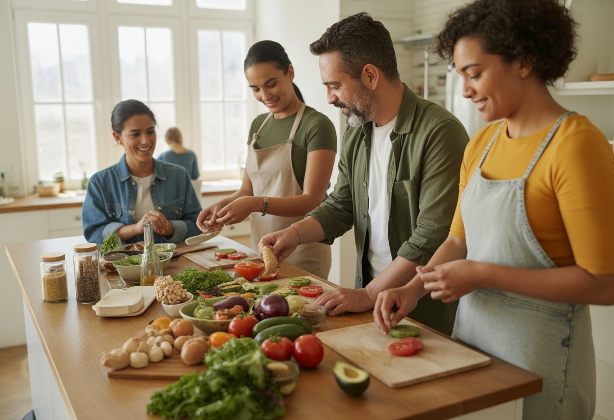 Menschen bereiten gemeinsam in einer modernen Küche eine einfache vegane Mahlzeit mit frischem Gemüse und pflanzlichen Zutaten zu.