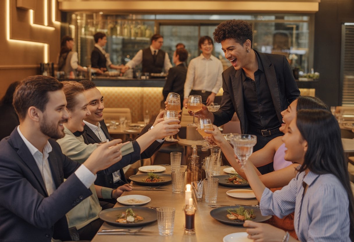Menschen sitzen in einem modernen Restaurant und genießen gemeinsam Essen und Getränke in einer lebhaften Atmosphäre.