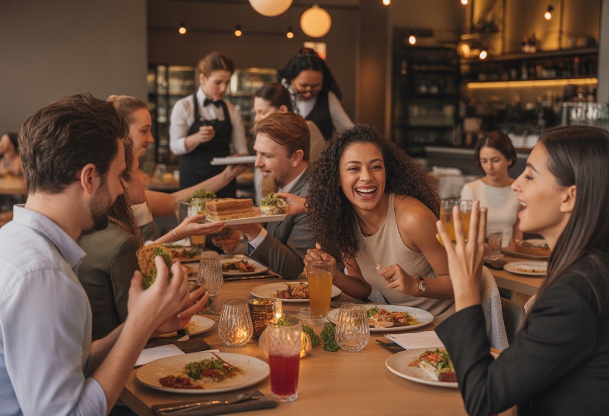 Menschen sitzen in einem modernen Restaurant, unterhalten sich und genießen ihr Essen in einer lebendigen Atmosphäre.