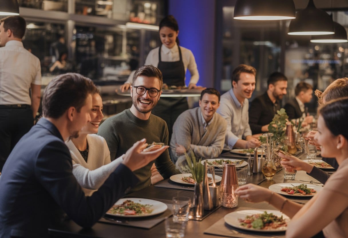 Menschen genießen gemeinsam ein Essen in einem modernen Restaurant mit stilvoller Einrichtung und freundlicher Atmosphäre.