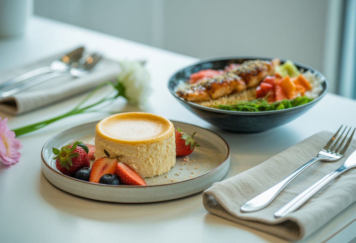 Ein sommerliches Esstisch-Arrangement mit japanischem Käsekuchen, bunten Früchten und einer Schüssel mit Itameshi, umgeben von elegantem Geschirr und sommerlicher Dekoration.