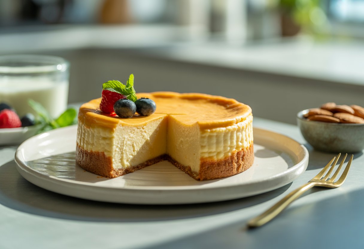 Ein Stück japanischer Käsekuchen auf einem weißen Teller mit frischen Beeren und Minze, auf einem Tisch in einer modernen Küche.
