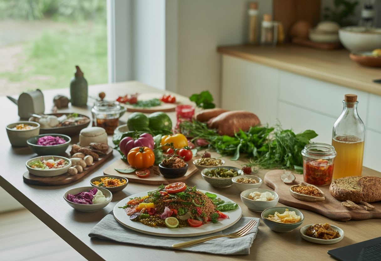 Eine moderne Tafel mit pflanzenbasierten Gerichten, regionalem Gemüse und fermentierten Lebensmitteln.