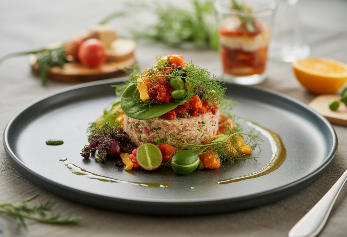 Eine farbenfrohe pflanzenbasierte Hauptmahlzeit mit saisonalem Gemüse, Kräutern und fermentierten Beilagen auf einem Esstisch.