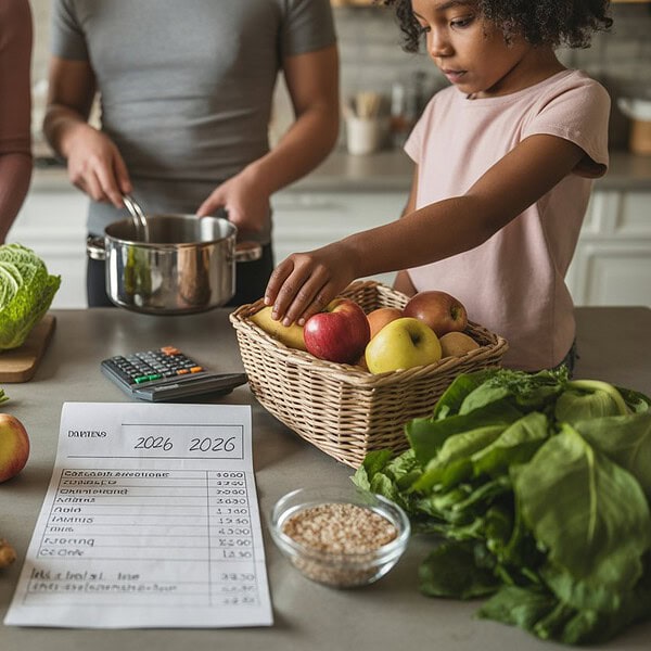 Eine Familie bereitet in einer hellen Küche gemeinsam ein günstiges saisonales Essen mit frischem Gemüse zu.