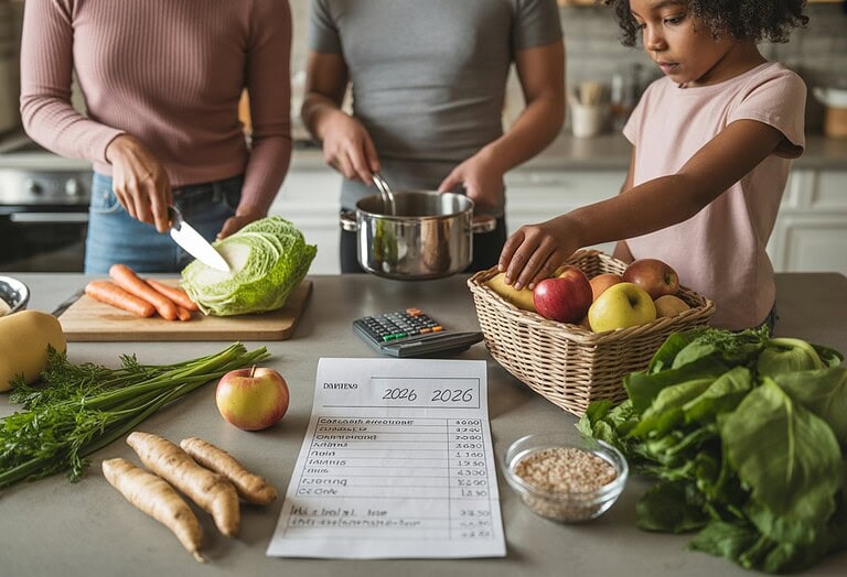 Eine Familie bereitet in einer hellen Küche gemeinsam ein günstiges saisonales Essen mit frischem Gemüse zu.
