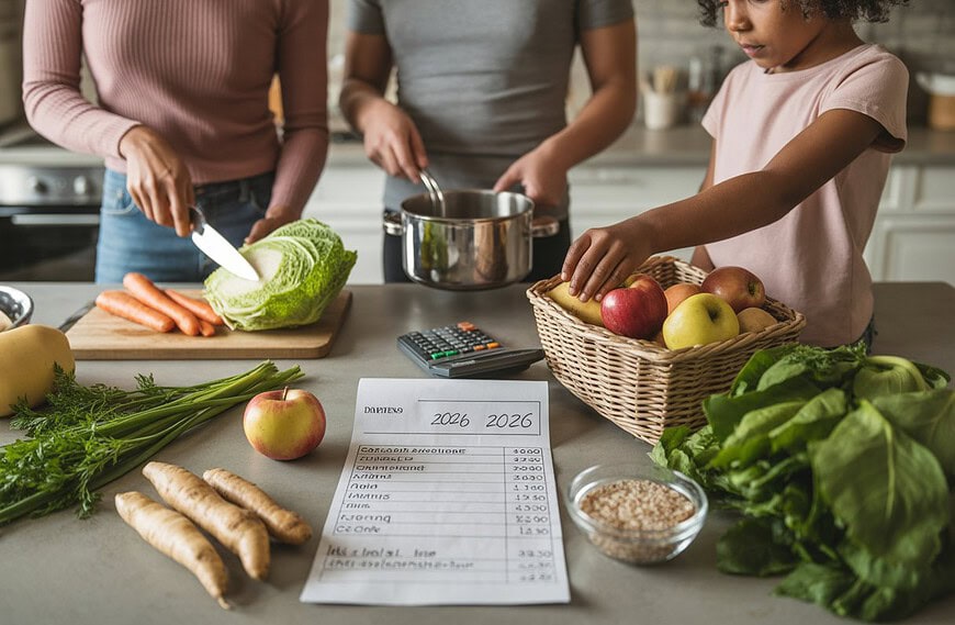 Eine Familie bereitet in einer hellen Küche gemeinsam ein günstiges saisonales Essen mit frischem Gemüse zu.