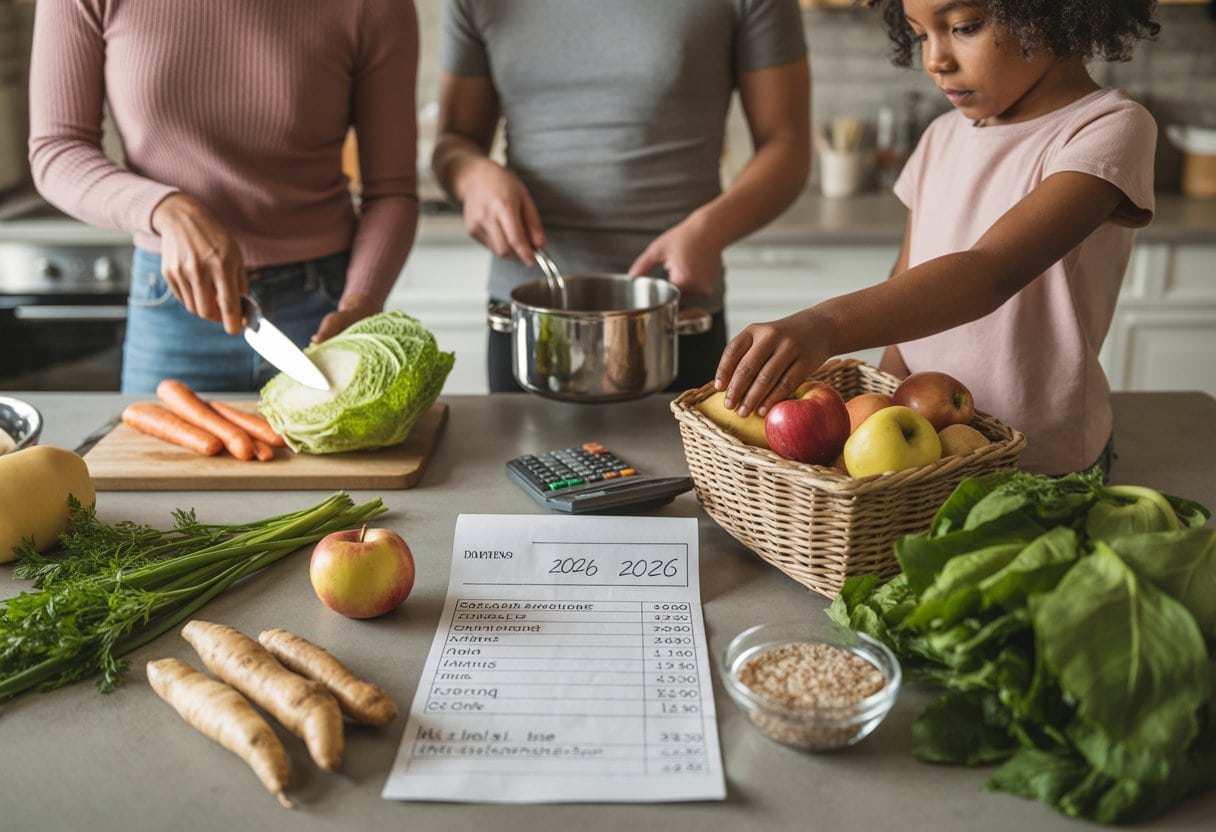 Eine Familie bereitet in einer hellen Küche gemeinsam ein günstiges saisonales Essen mit frischem Gemüse zu.