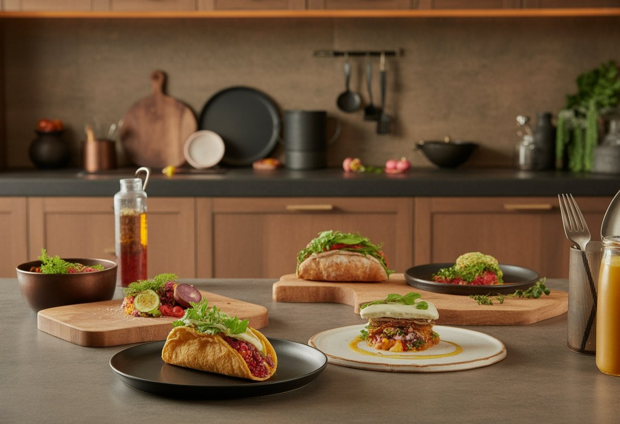 Eine moderne Küche mit kunstvoll angerichteten Streetfood- und Fine-Dining-Gerichten sowie frischen Zutaten.