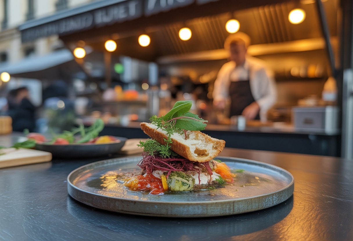 Eine kunstvoll angerichtete Gourmet-Speise steht an einem modernen Streetfood-Stand, während ein Koch im Hintergrund frische Zutaten zubereitet.